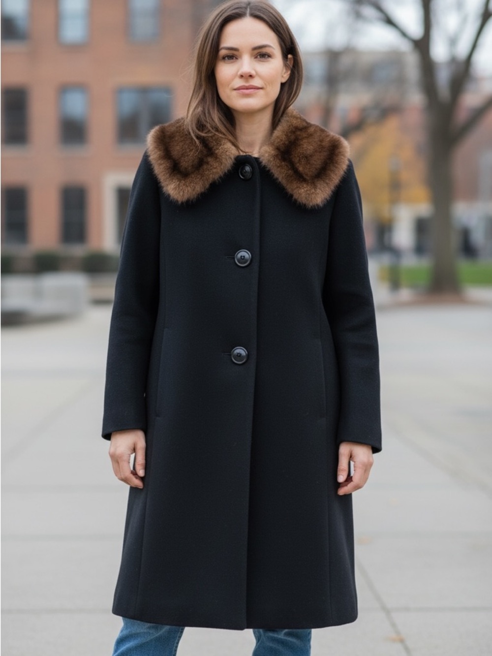 Women's Black Coat with Brown Faux Fur Collar Ptp 22 L 40 - Picture 4 of 6